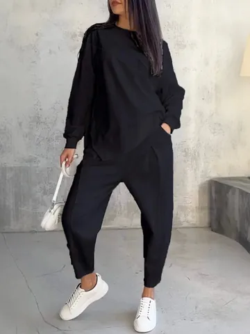 Women Casual Round Neck Irregular Hem Long Sleeve Sweatshirt And Pants Set Solid Color Autumn Winter Two Piece Outfit