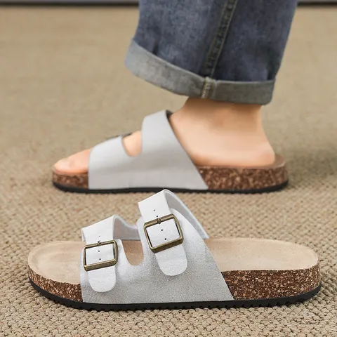 Men Vintage Birkenstock Style Slides Double Metal Buckle Casual Sandals Anti-slip Breathable Cork Midsole Outdoor Shoes
