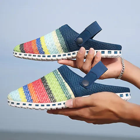 Woven Mesh Clogs For Men Women Rainbow Striped Beach Sandals Breathable Slip-On Garden Shoes Dual Wear Rubber Sole Sandals