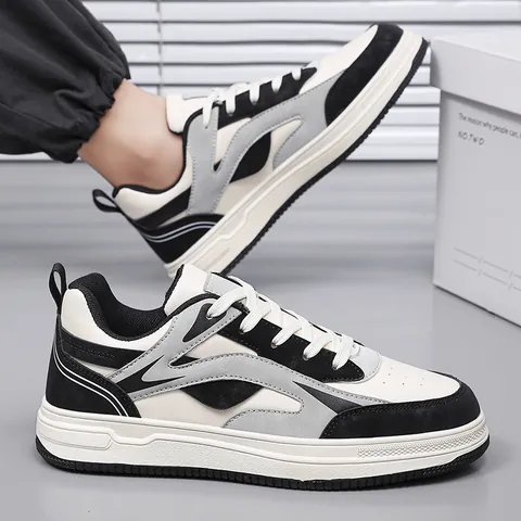 Men Thick Sole Sneakers Breathable Leather Casual Board Shoes Korean Trendy Color Block Low Top Skate Shoes For Daily Students