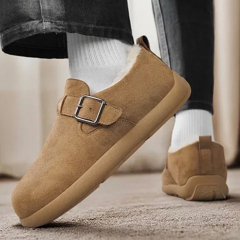 Men Winter Thickened Fleece Lined Birkenstock Style Clogs Casual Warm Slip On Leather Cotton Shoes With Metal Buckle Large Size