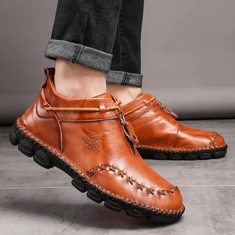 Men British Style High Top Martin Boots Thick Sole Sewn Microfiber Leather Work Boots Front Zipper Closure Fashionable Men Footwear