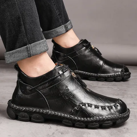 Men British Style High Top Martin Boots Thick Sole Sewn Microfiber Leather Work Boots Front Zipper Closure Fashionable Men Footwear