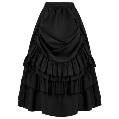 Victorian Gothic Ruffle Midi Skirt For Women Renaissance Retro Layered Steampunk A-Line Skirt Stage Performance Party Costume