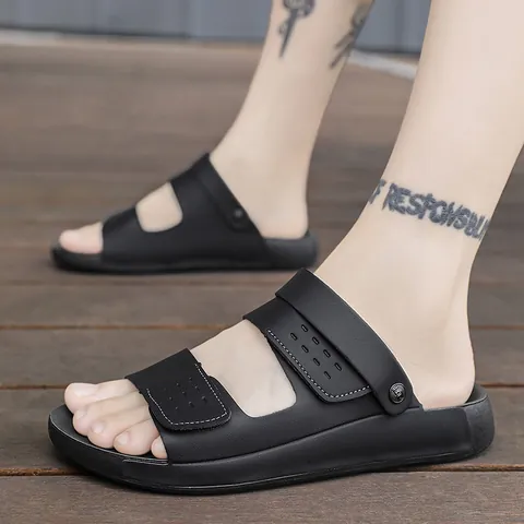 Herren Casual Sommer Mode Sandalen Offene Zehen Slides Strandschuhe Trendy Rutschfeste Atmungsaktive Kunstleder Schwarz Outdoor Hausschuhe