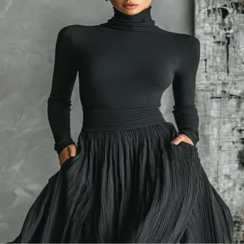 Women French Vintage Elegant Slim Fit Knit Top And High Waist Pleated Skirt Set Casual Long Sleeve Top And Midi Skirt Outfit
