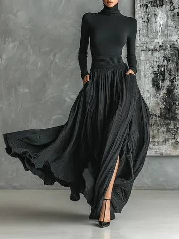 Women French Vintage Elegant Slim Fit Knit Top And High Waist Pleated Skirt Set Casual Long Sleeve Top And Midi Skirt Outfit