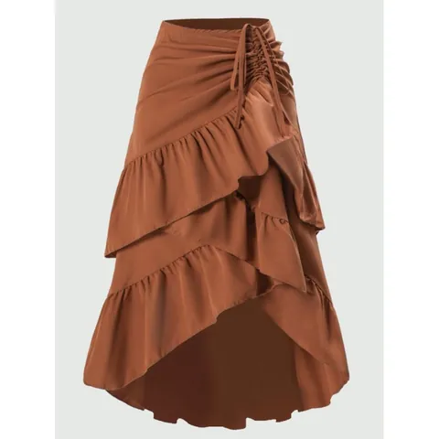 Elegante Falda de Cintura Alta con Dobladillo de Volantes para Mujer Falda Midi de Patchwork Asimétrica Color Sólido Poliéster