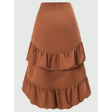 Elegante Falda de Cintura Alta con Dobladillo de Volantes para Mujer Falda Midi de Patchwork Asimétrica Color Sólido Poliéster