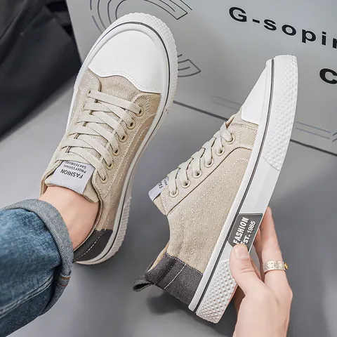 Men's Fashion Canvas Sneakers Low Top Lace Up Flat Shoes Korean Style Streetwear Student Casual Skate Shoes Large Size Canvas Rubber Sole