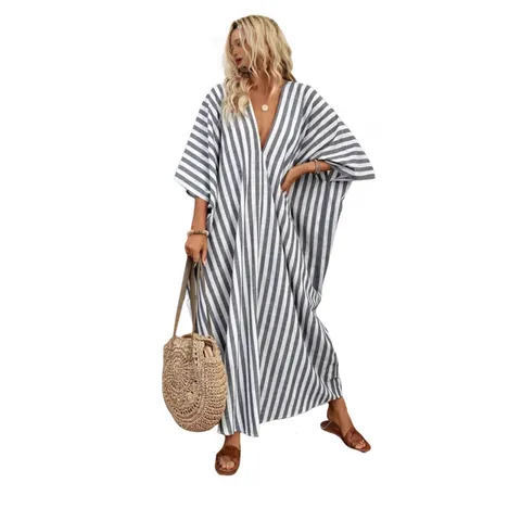 Damen V-Ausschnitt Gestreiftes Maxikleid Lose Kaftan-Stil Kurzarm Polyester Sommerurlaub Strand Lässig Langes Kleid