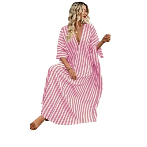 Damen V-Ausschnitt Gestreiftes Maxikleid Lose Kaftan-Stil Kurzarm Polyester Sommerurlaub Strand Lässig Langes Kleid