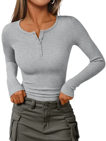Women Henley V-Neck Ribbed Knit Long Sleeve Top Slim Fit Button Front Solid Color Casual Basic Pullover T-Shirt