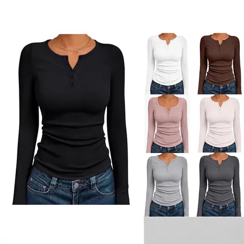 Women Ribbed Henley Neck Long Sleeve Top Slim Fit Button Casual Ribbed Knit Basic Pullover Autumn Top