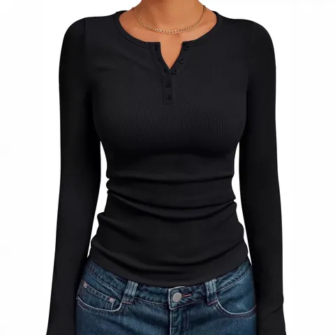 Women Ribbed Henley Neck Long Sleeve Top Slim Fit Button Casual Ribbed Knit Basic Pullover Autumn Top
