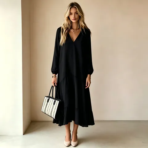 Women V Neck Long Sleeve Maxi Dress Elegant Solid Color Loose Fit Tiered Ruffle Hem Spliced Polyester Dress for Casual Daily Office