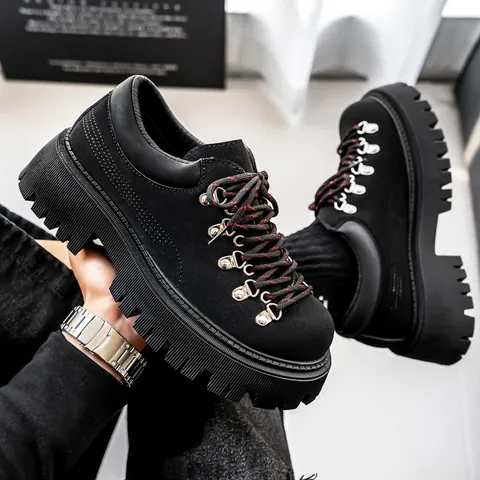 Men's Retro PU Leather Derby Shoes Fashionable Round Toe Lace Up Lug Sole Casual Platform Dress Shoes For Daily Wear