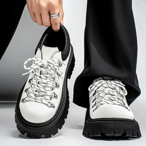 Men's Retro PU Leather Derby Shoes Fashionable Round Toe Lace Up Lug Sole Casual Platform Dress Shoes For Daily Wear