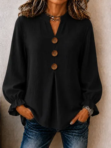 Women Casual V Neck Button Blouse Fashion Long Ruffle Sleeve Solid Color Top Polyester Spandex Loose Shirt For Autumn Winter