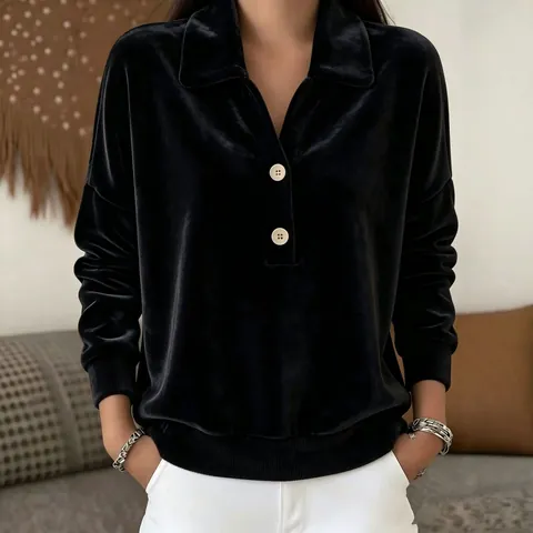 Women Velvet Long Sleeve Polo Shirt Casual Loose Lapel Half Placket Pullover Top Solid Color Basic Sweatshirt For Autumn Winter