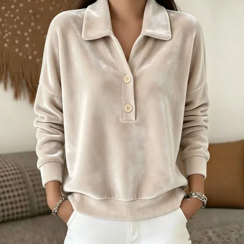 Women Velvet Long Sleeve Polo Shirt Casual Loose Lapel Half Placket Pullover Top Solid Color Basic Sweatshirt For Autumn Winter