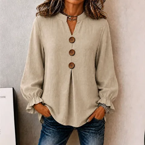 Women V-Neck Long Sleeve Button Down Blouse Casual Loose Ruffle Cuff Solid Color Polyester Top for Autumn Winter