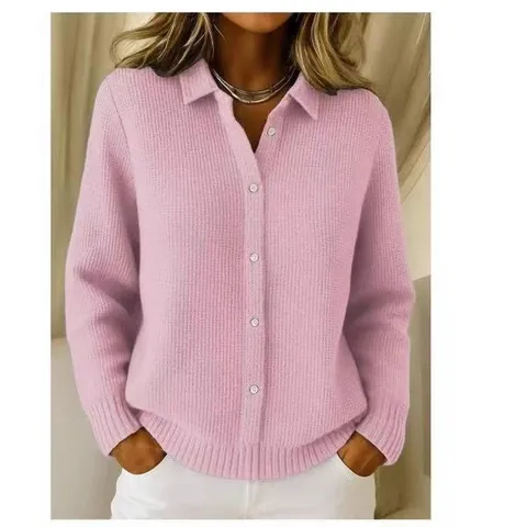 Dames Casual Revers Gebreide Trui Pullover Lange Mouw Effen Kleur Knoopsluiting Wafelstructuur Polo Top