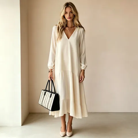 Women V Neck Long Sleeve Maxi Dress Elegant Solid Color Loose Fit Tiered Ruffle Hem Spliced Polyester Dress for Casual Daily Office