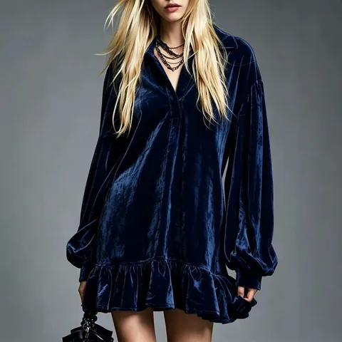 Französischer Stil Samt Laternenärmel Rüschen Hemdkleid Elegant Revers Einfarbig Mini Kleid Für Damen Party Alltag