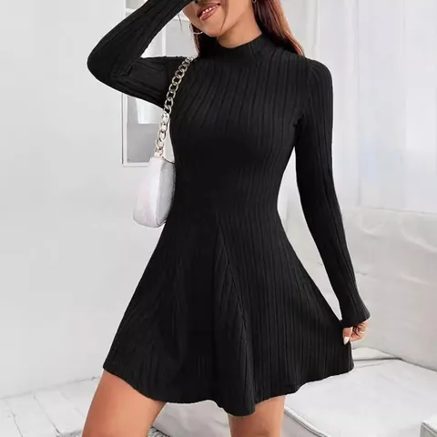 Mock Neck Long Sleeve Ribbed A-Line Dress for Women Fall Winter Slim Fit Waist-Shaping Solid Color Elegant Knit Mini Dress