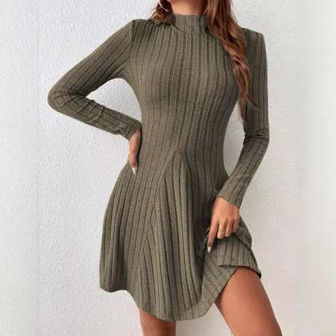 Mock Neck Long Sleeve Ribbed A-Line Dress for Women Fall Winter Slim Fit Waist-Shaping Solid Color Elegant Knit Mini Dress