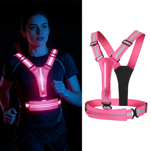 LED Light Up Reflective Safety Vest Adjustable Elastic Strap With Zipper Pocket For Night Running Cycling Security Protection