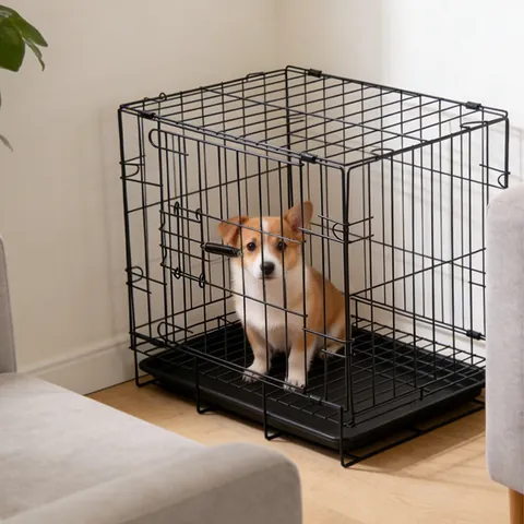 Black Metal Foldable Pet Cage For Small Dogs Cats Rabbits Indoor Dog Crate With Removable Plastic Tray Iron Wire Portable Pet House