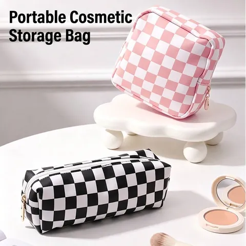PU Leather Checkerboard Cosmetic Bag Large Capacity Portable Travel Makeup Organizer Toiletry Pouch Zipper Closure For Women