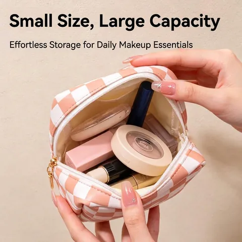 PU Leather Checkerboard Cosmetic Bag Large Capacity Portable Travel Makeup Organizer Toiletry Pouch Zipper Closure For Women