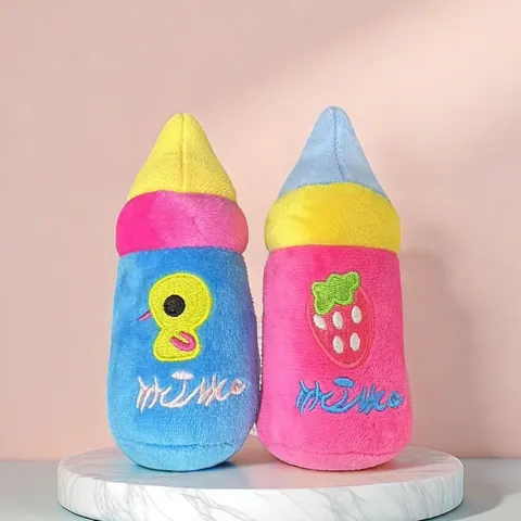 Pet Plush Milk Bottle Squeaky Toy Soft Crystal Velvet Chew Toy For Dogs Cats Teeth Cleaning Interactive Embroidery Toy