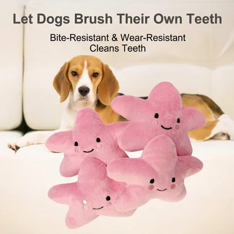 Pet Squeaky Star Plush Toy Pink Soft Dog Interactive Training Chew Toy For Puppy Cat Durable Funny Smiling Face Star Shape Animal Doll