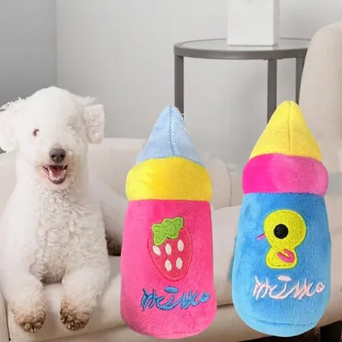 Pet Plush Milk Bottle Squeaky Toy Soft Crystal Velvet Chew Toy For Dogs Cats Teeth Cleaning Interactive Embroidery Toy
