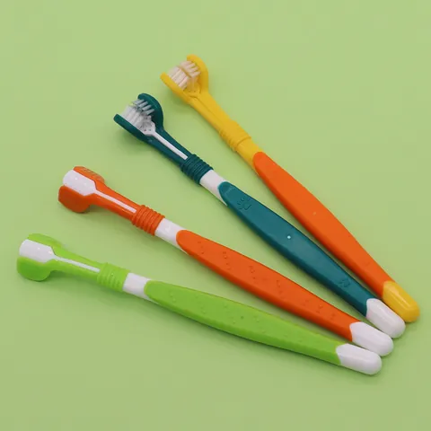 Three-Head Pet Toothbrush For Dogs And Cats Oral Cleaning Soft Bristles Long Handle Anti-Slip Tartar Removal Tool Plastic Nylon