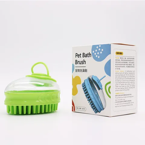 Pet Silicone Bath Brush With Soap Dispenser Massage Scrubber For Dogs And Cats Soft Bristles Grooming Cleaning Tool With Finger Ring Handle