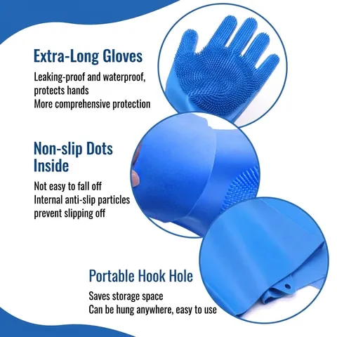 Guantes de Baño para Mascotas Extralargos para Perros Gatos Cepillo de Masaje de Silicona para Limpieza y Aseo de Mascotas Azul
