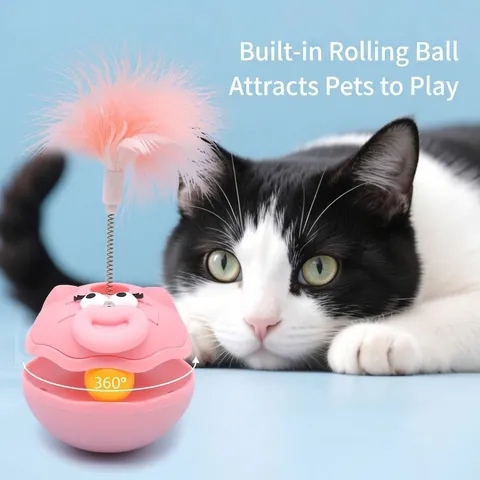 Interactive Cat Tumbler Toy With Feather Teaser Wand And Bell Rotating Pet Toy For Exercise Entertainment Pink Gray Blue