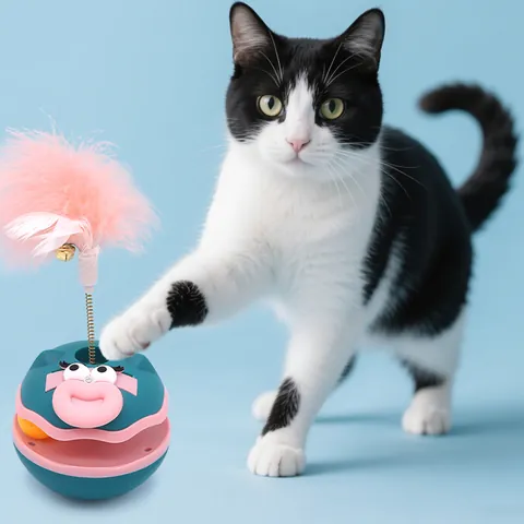 Interactive Cat Tumbler Toy With Feather Teaser Wand And Bell Rotating Pet Toy For Exercise Entertainment Pink Gray Blue