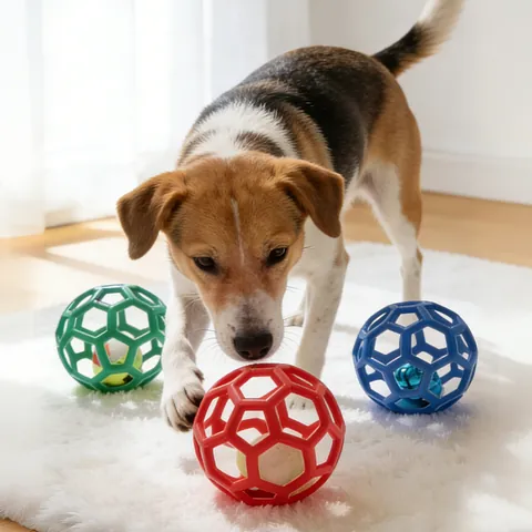 Jouet Balle en Caoutchouc Ajourée pour Chien Résistant aux Morsures Balle Sifflante Avec Clochette ou Tennis Interaction Molaire Animaux