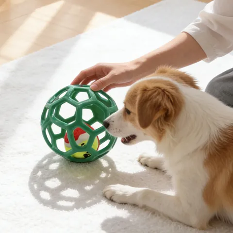 Jouet Balle en Caoutchouc Ajourée pour Chien Résistant aux Morsures Balle Sifflante Avec Clochette ou Tennis Interaction Molaire Animaux