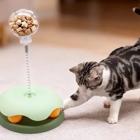 Jouet Interactif pour Chat Avec Ressort Balle Distributrice de Nourriture Plateau Tournant Balle de Piste Distributeur de Friandises pour Animaux