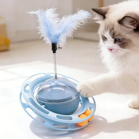 Interactive Cat Toy Tumbler Turntable Ball Track Feather Teaser Bell Food Dispenser PP ABS Plastic Self-Play Cat Toy Blue