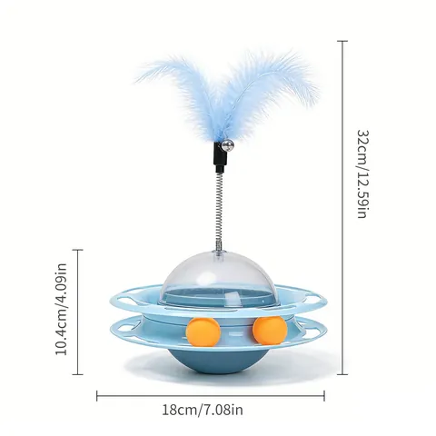 Interactive Cat Toy Tumbler Turntable Ball Track Feather Teaser Bell Food Dispenser PP ABS Plastic Self-Play Cat Toy Blue