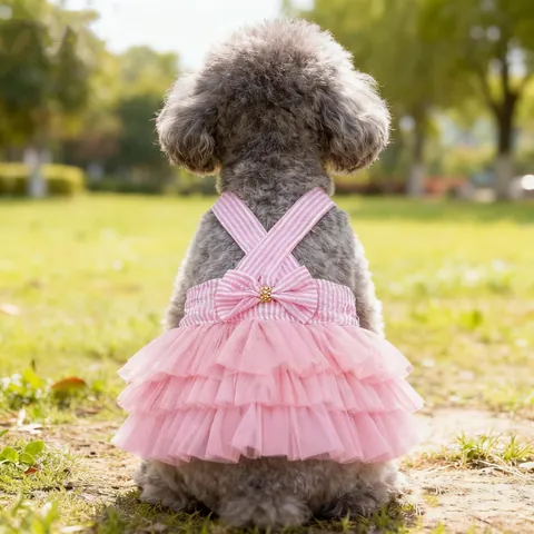 Cute Striped Pet Princess Dress With Bowknot And Multi-Layer Mesh Tutu Summer Breathable Dog Cat Apparel Pink Blue Red Clothing