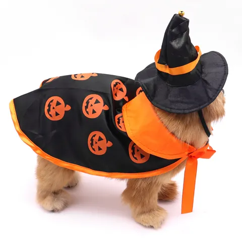 Haustier Halloween Kostüm Set Für Kleine Mittlere Hunde Katzen Kürbis Druck Umhang Zauberer Hut Mit Glocke Party Kleidung